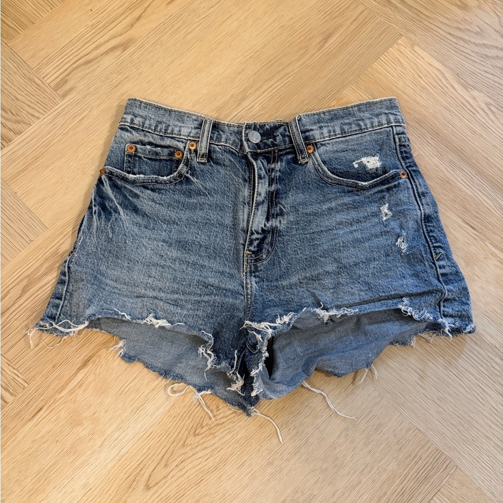 High-Rise Distressed Denim Cutoff Shorts - Blue